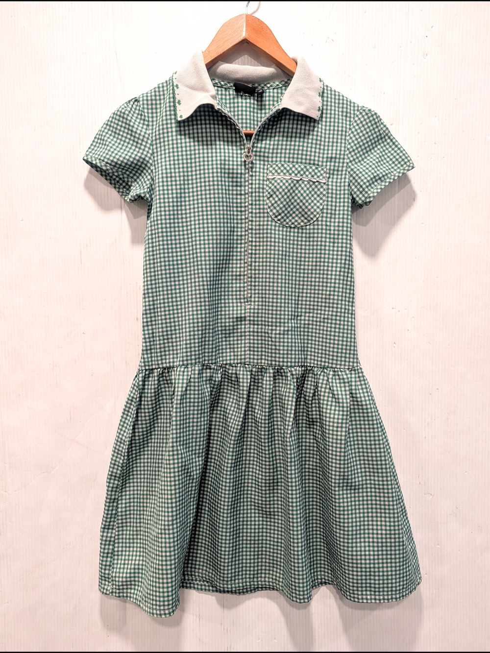 VINTAGE 80s Debenhams Girls' Green Gingham Polo Dress Size 10